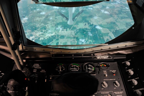 A first person point of view from the control panel of the Boom Operator Weapon System Trainer Feb. 17, 2015, at Fairchild Air Force Base, Wash. The BOWST is an inflight refueling training simulator that helps students become proficient in operating in a boom pod before they step into an actual refueling aircraft. (U.S. Air Force photo/Airman 1st Class Nicolo J. Daniello)
