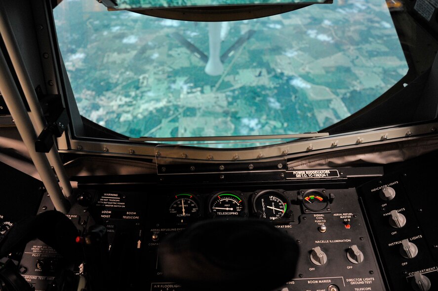 A first person point of view from the control panel of the Boom Operator Weapon System Trainer Feb. 17, 2015 at Fairchild Air Force Base, Wash. The BOWST is an inflight refueling training simulator that helps students become proficient in operating in a boom pod before they step into an actual refueling aircraft. (U.S. Air Force photo/Airman 1st Class Nicolo J. Daniello)