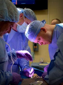 U.S. Air Force Lt. Col. (Dr.) Jason Barnett, right, focuses on a surgical procedure during an Emergency War Surgery Course Feb. 11, 2015 at the Wilford Hall Ambulatory Surgical Center, JBSA-Lackland, San Antonio, Texas. The purpose of the 3-day multi-service training course was to provide surgeons with the basic trauma surgery skills needed to treat patients injured in combat. Barnett is an obstetrician-gynocologic oncologist assigned at the San Antonio Military Medical Center on JBSA-Fort Sam Houston in San Antonio, Texas. (U.S. Air Force photo/Staff Sgt. Jerilyn Quintanilla)