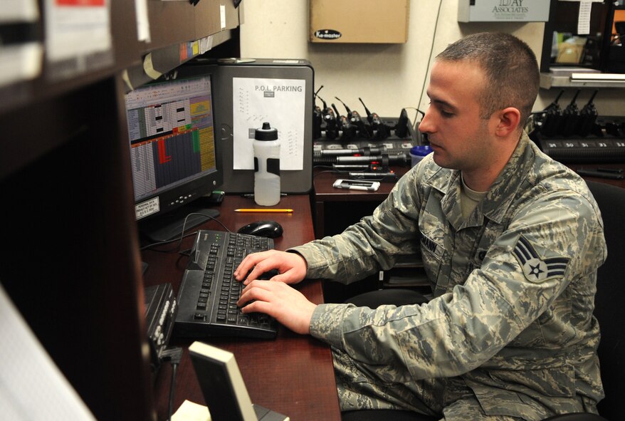 Senior Airman Kurtis Schiemann, 4th Logistics Readiness Squadron fuels service center controller, inputs information into the FuelsManager Defense program at Seymour Johnson Air Force Base, North Carolina, Feb. 11, 2015. Schiemann and other controllers dispatch fuel trucks and keep an account of every gallon of jet and ground fuel on base at all times. (U.S. Air Force photo/Senior Airman Ashley J. Thum)