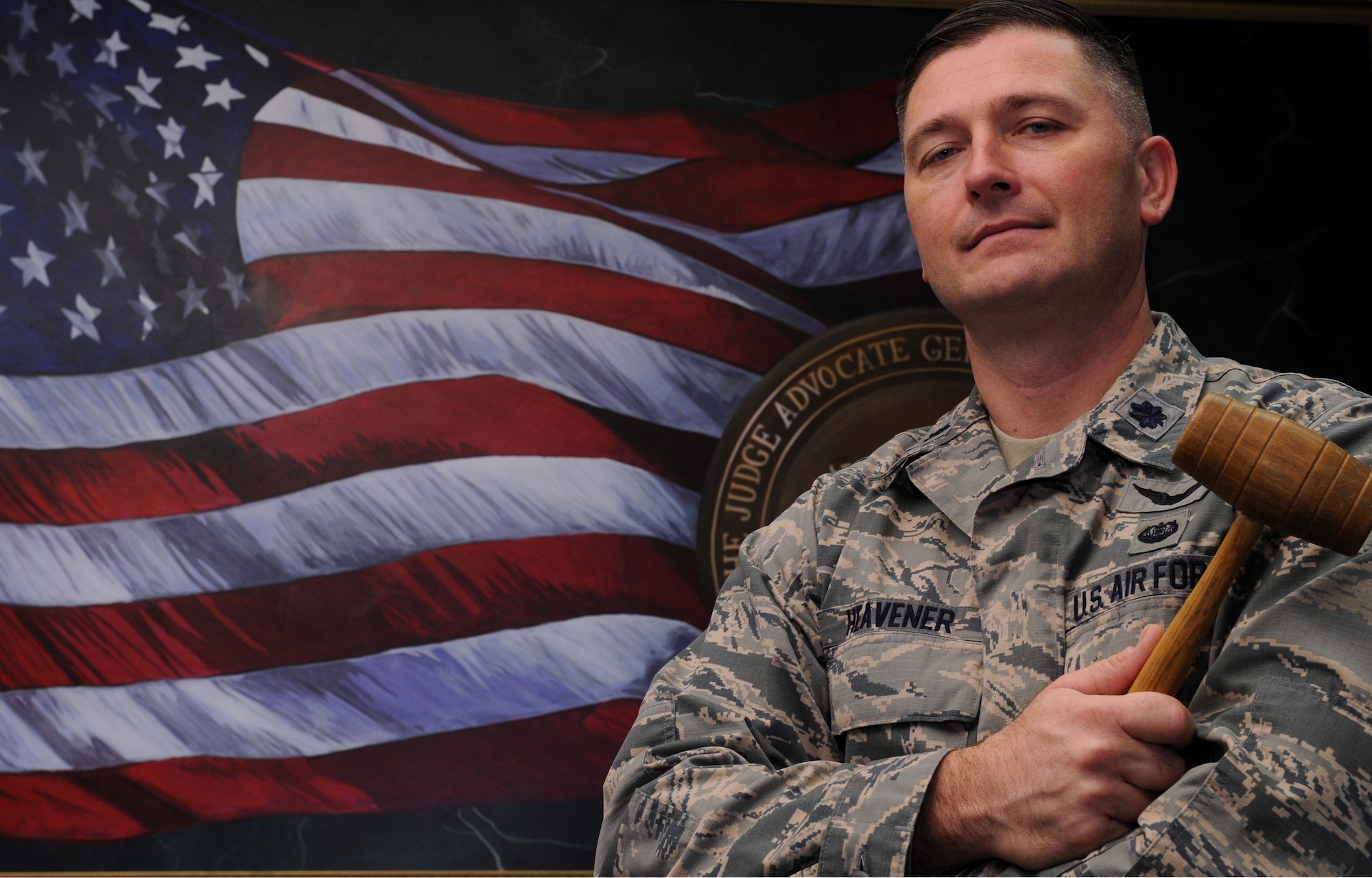 Lt. Col. Shane Heavener, 81st Training Wing staff judge advocate, in the base courtroom, Jan. 30, 2015 at Keesler Air Force Base, Miss. Heavener’s assignment at Keesler has been his favorite so far, because it allows him to have a hand in instilling Airmanship and basic leadership skills before Airmen reach their first duty station, he said. (U.S. Air Force photo by Airman 1st Class Duncan McElroy)