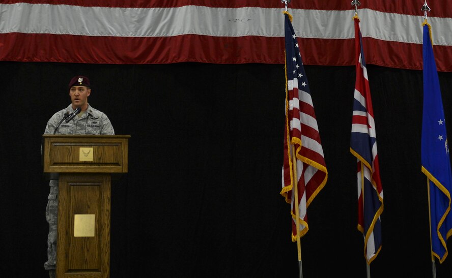 Maj. Patrick Gruber, 57th Rescue Squadron commander, addresses the crowd during the 57th RQS activation ceremony at Royal Air Force Lakenheath, England, Feb. 18, 2015. The 57th RQS consists of 35 pararescuemen and equipment personnel already stationed at RAF Lakenheath. (U.S. Air Force photo by Airman 1st Class Dawn M. Weber/Released)