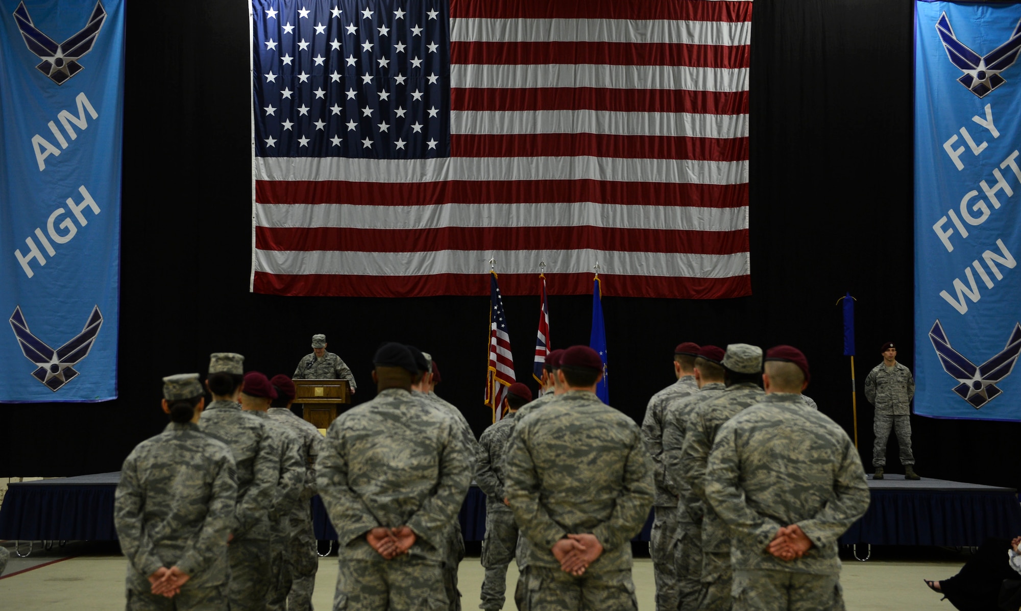 Airmen from the 57th Rescue Squadron stand in formation during the squadron’s activation ceremony at Royal Air Force Lakenheath, England, Feb. 18, 2015. This activation aligns the U.S. Air Forces in Europe personnel recovery mission to the standard U.S. Air Force structure. (U.S. Air Force photo by Airman 1st Class Dawn M. Weber/Released)