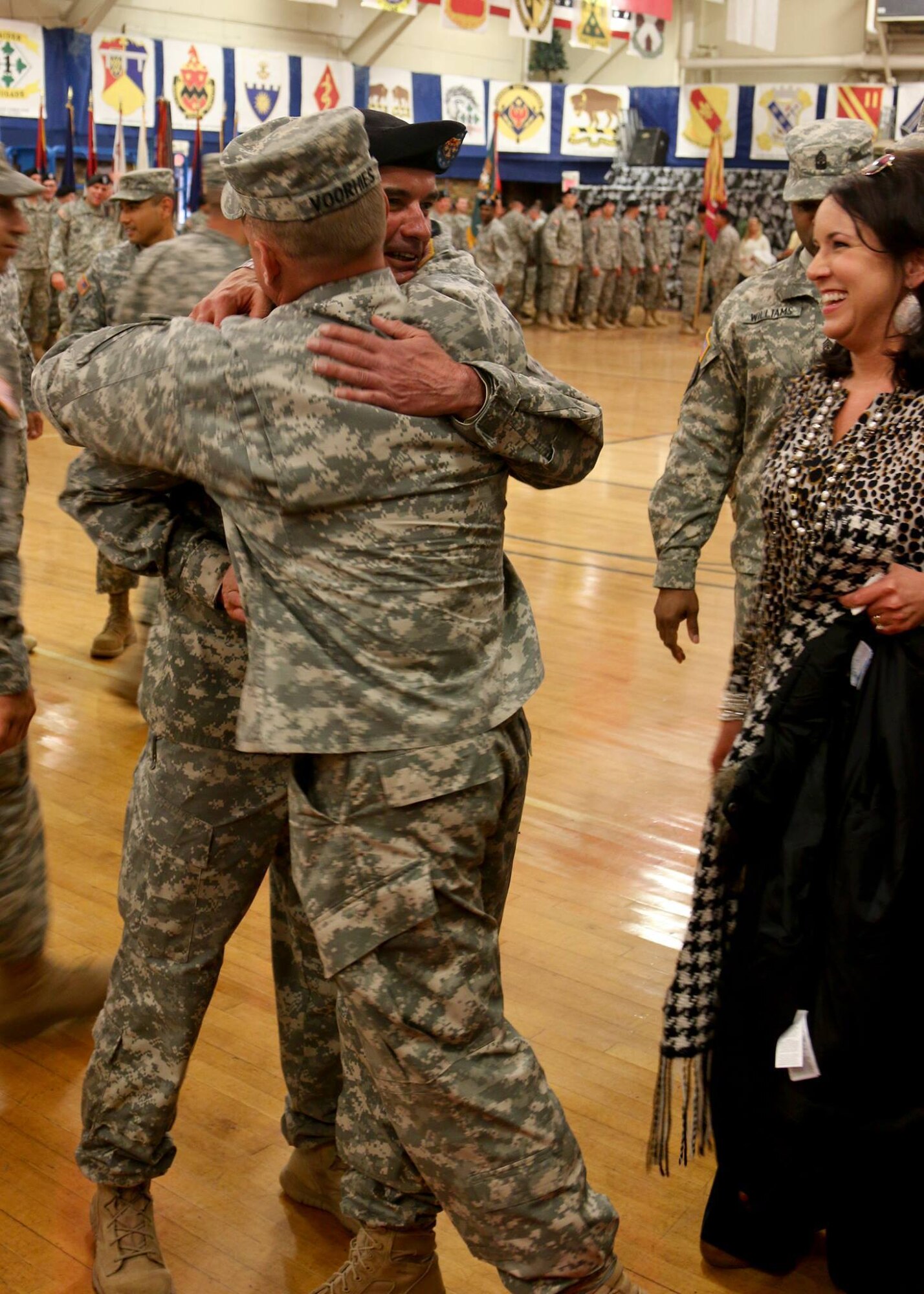 Command Sgt. Maj. Danny Day, senior enlisted adviser for 4th Infantry Brigade Combat Team, 4th Infantry Division says goodbye to the many Soldiers he has worked with in attendance at his change of responsibility ceremony, Feb. 11, 2015. (U.S. Army photo by Sgt. Nelson Robles, 4th IBCT, 4th Inf. Div. PAO)