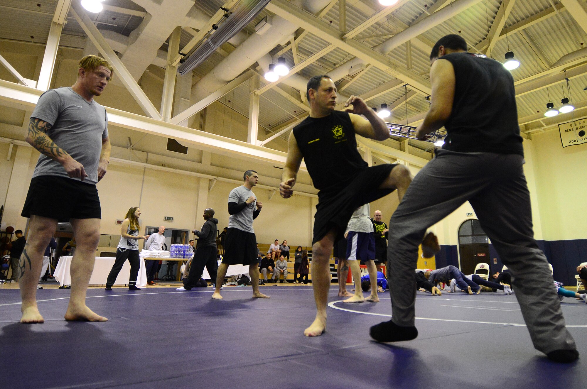 Ed Herman, Ultimate Fighting Championship fighter, watches as George Mejia, Kuk-Sool-Won instructor, performs a fighting technique, Feb. 18, 2015, at Aviano Air Base, Italy. Herman is one of six mixed-martial-arts fighters, who are participating in an Armed Forces Entertainment tour, visiting seven U.S. military bases across Europe. (U.S. Air Force photo by Senior Airman Matthew Lotz/Released)