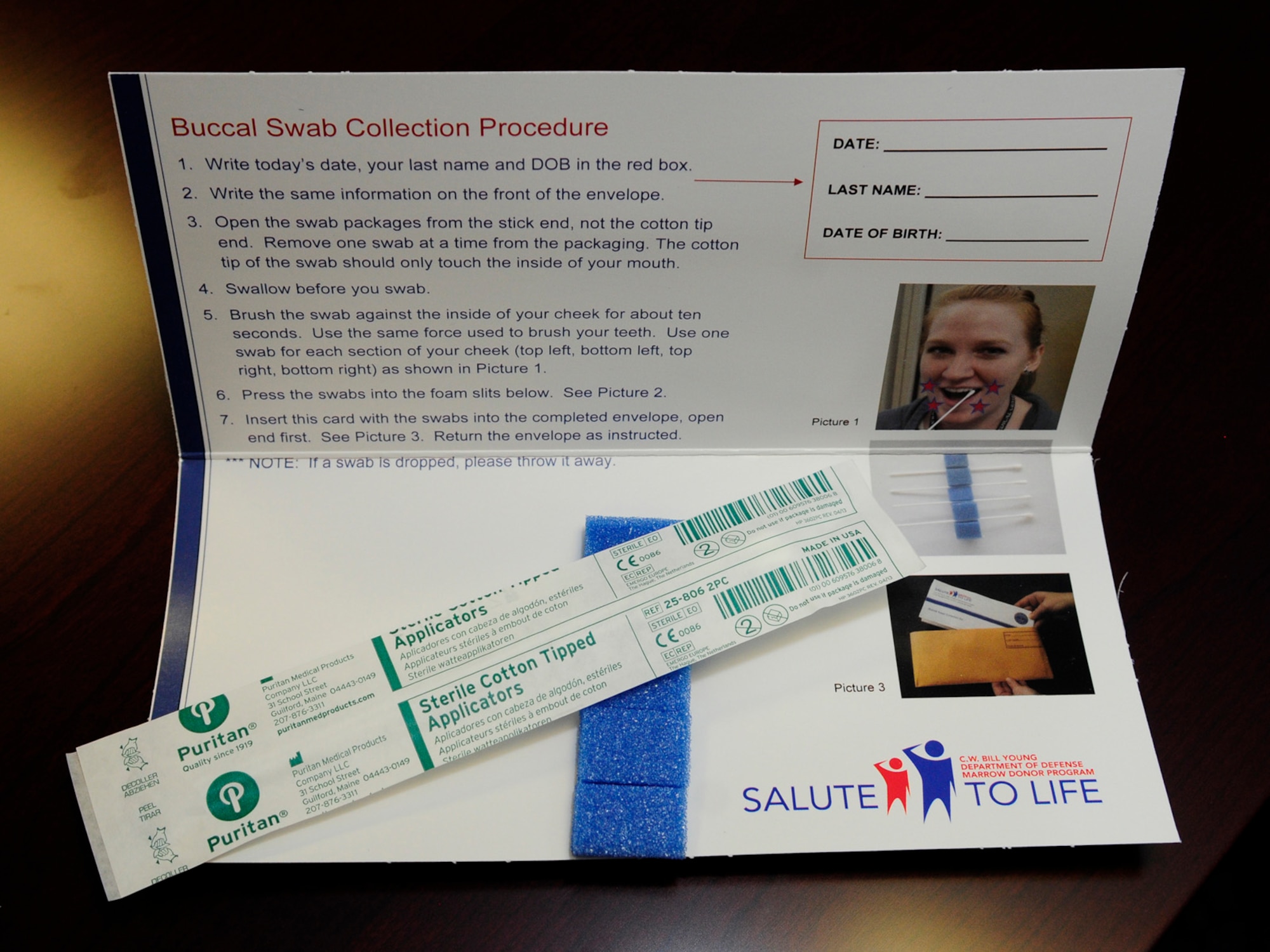 Swab kits are used to collect DNA samples from inside the mouth from volunteers wishing to be on the bone marrow donor register Jan. 13, 2015, on RAF Mildenhall, England. A bone marrow drive is scheduled for Feb. 23 to 28 on RAF Mildenhall and RAF Lakenheath, and representatives will be available at each base Feb. 23 to 27 to collect cheek swabs for anyone wishing to participate in the drive. Samples will also be collected Feb. 28 from 10:30 a.m. to 4:30 p.m. at both base exchanges for anyone else fitting the criteria and wishing to be on the registry. (U.S. Air Force photo by Karen Abeyasekere/Released)