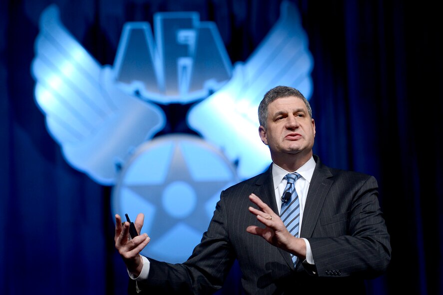 Dr. William A. LaPlante talks to attendees of the Air Force Association’s Annual Air Warfare Symposium and Technology Exposition Feb. 13, in Orlando, Fla. LaPante is the assistant secretary of the Air Force for Acquisition. He spoke about Air Force procurement strategy and challenges. (U.S. Air Force photo by Scott M. Ash)