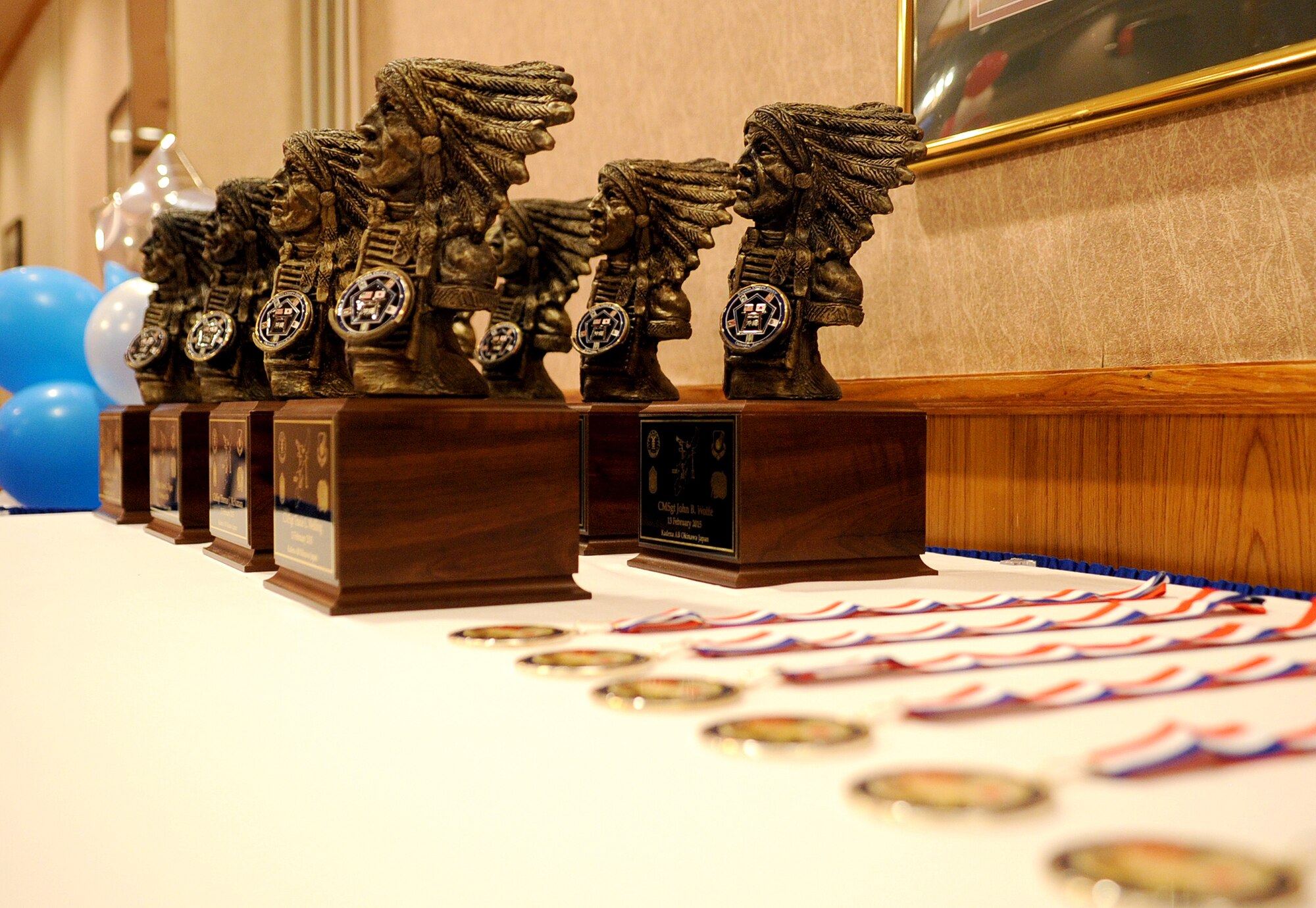 The U.S. Air Force traditional Chief’s bust is a highly respected symbol that embodies leadership, tradition and pride of the Air Force chief master sergeants and is awarded to newly promoted chief master sergeants during their recognition ceremony at Kadena Air Base, Japan, Feb. 13, 2015. This historically accurate Sioux Chief features the promotees name and the newly acquired rank. (U.S. Air Force photo by Airman 1st Class Zackary A. Henry)