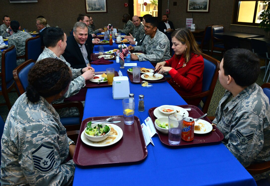 U.S. Congressional delegates speak to Airmen during a luncheon Feb. 18, 2015, at Incirlik Air Base, Turkey. As part of their visit, the congress representatives, hailing from California and Ohio, took time to meet with Airmen from their respective states during the special luncheon. (U.S. Air Force photo by Senior Airman Michael Battles)