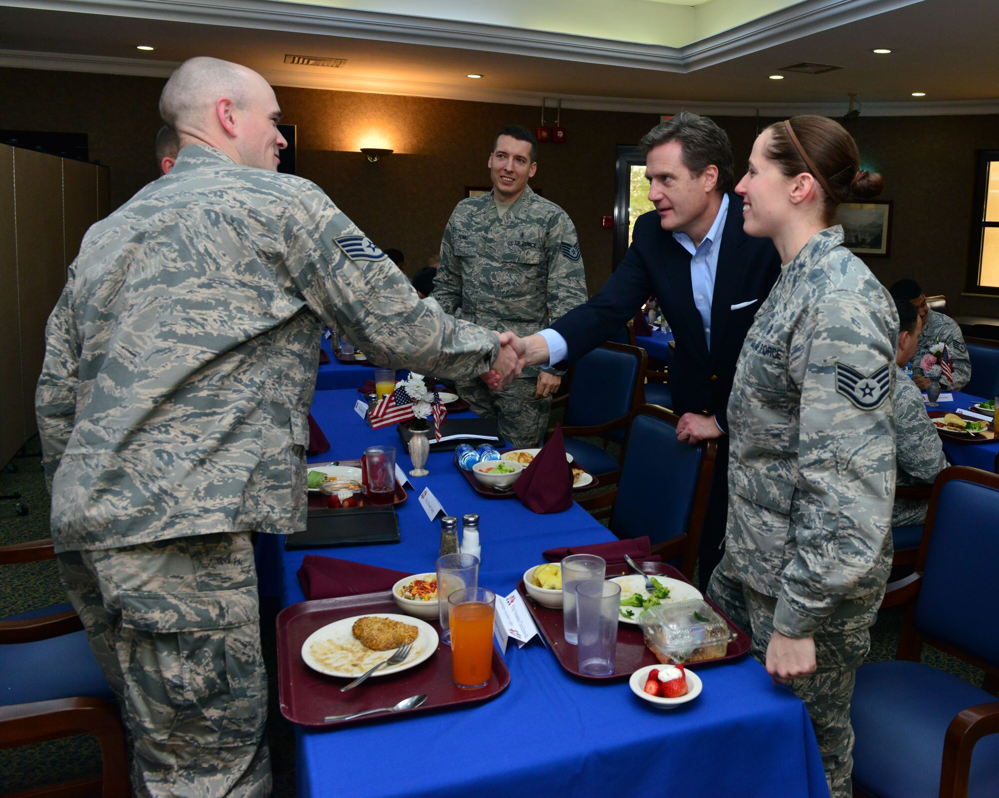 U.S. Congressman Michael Turner, Ohio's 10th congressional district, greets service members during a congressional delegate’s luncheon Feb. 18, 2015, at Incirlik Air Base, Turkey. During the luncheon Airmen got to speak to their home state congress representatives about where they are from and life overseas in the military. (U.S. Air Force photo by Senior Airman Michael Battles)