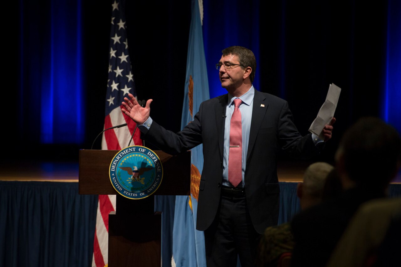 Defense Secretary Ash Carter speaks to military and civilian employees at the Pentagon during an all-hands meeting where he greeted the workforce and discussed his priorities, Feb. 19, 2015. DoD photo by U.S. Air Force Master Sgt. Adrian Cadiz