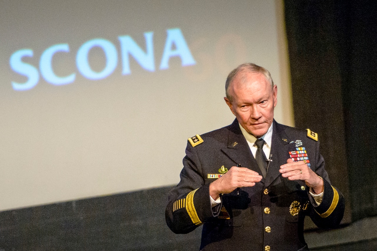 Army Gen. Martin E. Dempsey, chairman of the Joint Chiefs of Staff, talks to about 700 attendees during a student conference on national affairs at Texas A&M University in College Station, Texas, Feb. 19, 2015. DoD photo by D. Myles Cullen