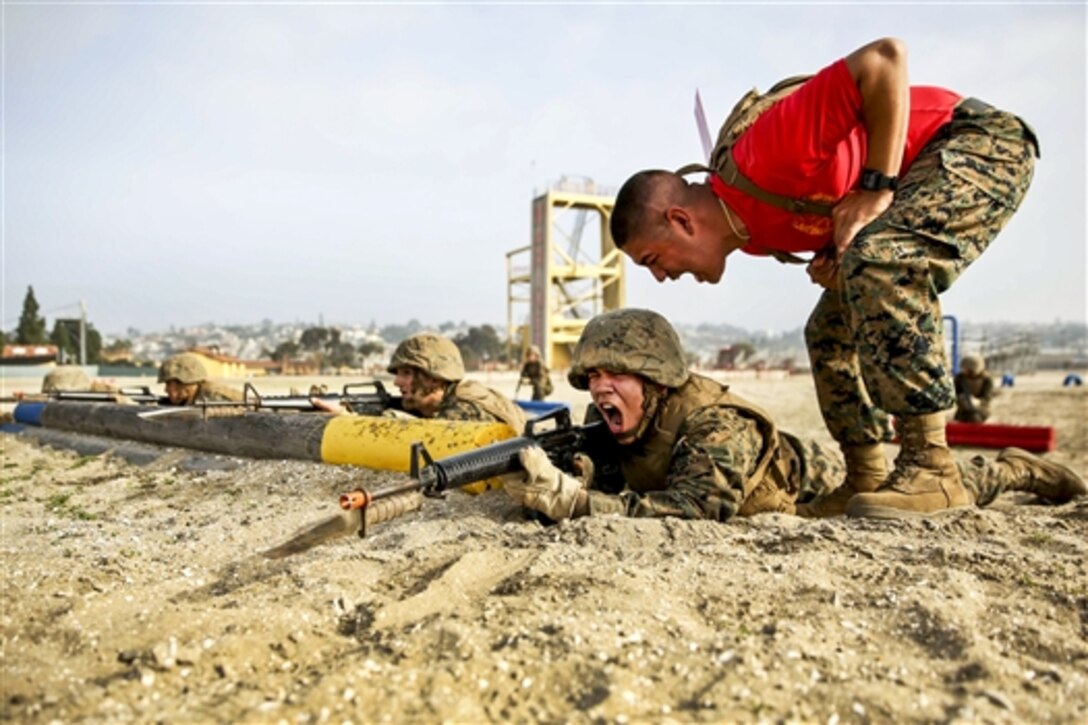 Recruits run through a bayonet assault course on Marine Corps Recruit Depot San Diego, Feb. 2, 2015. The exercise included tire stabbing, getting in and out of a trench and using commands to conduct a combat rush. The recruits are assigned to Bravo Company, 1st Recruit Training Battalion.  