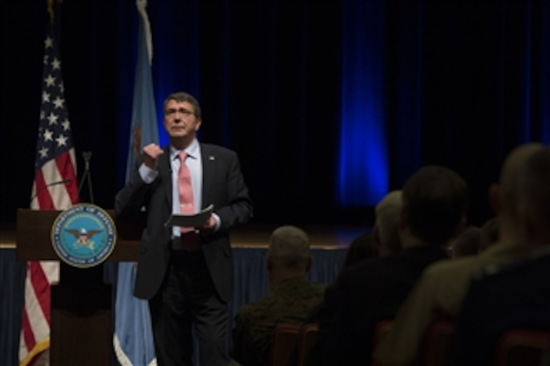 Defense Secretary Ash Carter hosts an all-call meeting at the Pentagon, Feb. 19, 2015, to inform Defense Department personnel about his priorities as he takes office.