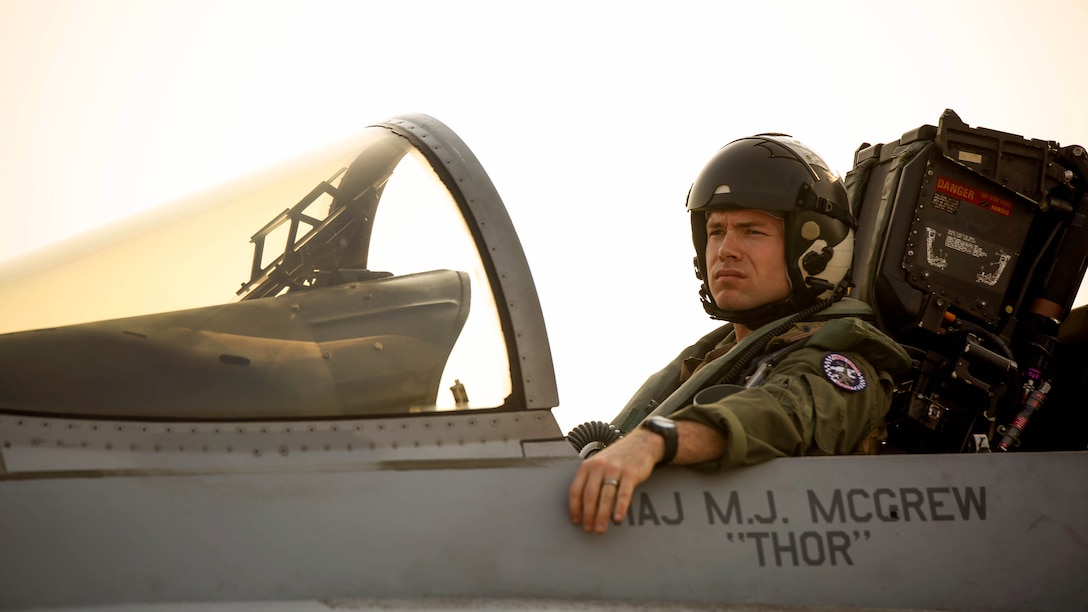 U.S. Marine, Capt. Dylan Q. Nicholas, an F/A-18 Hornet pilot with Marine All-Weather Fighter Attack Squadron 533, currently attached to Marine Aircraft Group 12, 1st Marine Aircraft Wing, III Marine Expeditionary Force, awaits the all clear to take off, Feb. 16.  U.S. Marines attached to Marine Aircraft Group 12, 1st Marine Aircraft Wing, III Marine Expeditionary Force, and the Royal Thai Air Force train together bi-laterally to maintain readiness and interoperability in support of peace and security in the region as part of Exercise Cobra Gold 2015. 