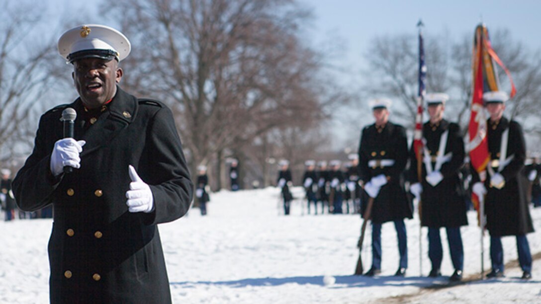 Sergeant Major Ronald Green, the 18th sergeant major of the Marine Corps, speaks to the audience during the sergeant major of the Marine Corps post and relief ceremony held at the Marine Corps War Memorial in Arlington, Virginia, Feb. 20, 2015. Green previously served as the sergeant major of I Marine Expeditionary Force before he assuming his post as the 18th sergeant major of the Marine Corps.