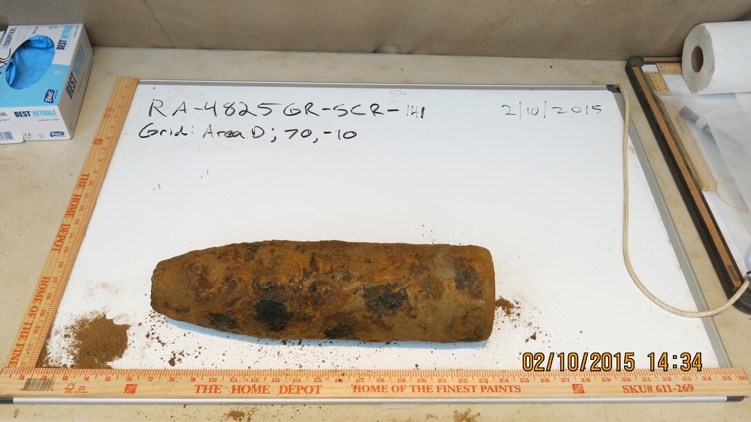 On February 10, 2015 crews safely recovered two open cavity, unfired, unfuzed, empty 4.7" projectiles (just one pictured here). Both items were non-detect for chemical agent and are being handled as munitions debris.