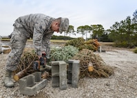 Senior Airman Raul Pedroza, 1st Special Operations Civil Engineer Squadron structural apprentice, prepares discarded Christmas trees for recycling at Hurlburt Field, Fla., Feb. 3, 2015. In order to utilize Hurlburt resources effectively, the trees are sunk to the bottom of Gator Lake, providing a suitable habitat for marine life. (U.S. Air Force photo by Senior Airman Meagan Schutter/Released)