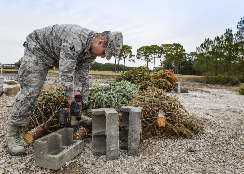 Senior Airman Raul Pedroza, 1st Special Operations Civil Engineer Squadron structural apprentice, prepares discarded Christmas trees for recycling at Hurlburt Field, Fla., Feb. 3, 2015. In order to utilize Hurlburt resources effectively, the trees are sunk to the bottom of Gator Lake, providing a suitable habitat for marine life. (U.S. Air Force photo by Senior Airman Meagan Schutter/Released)