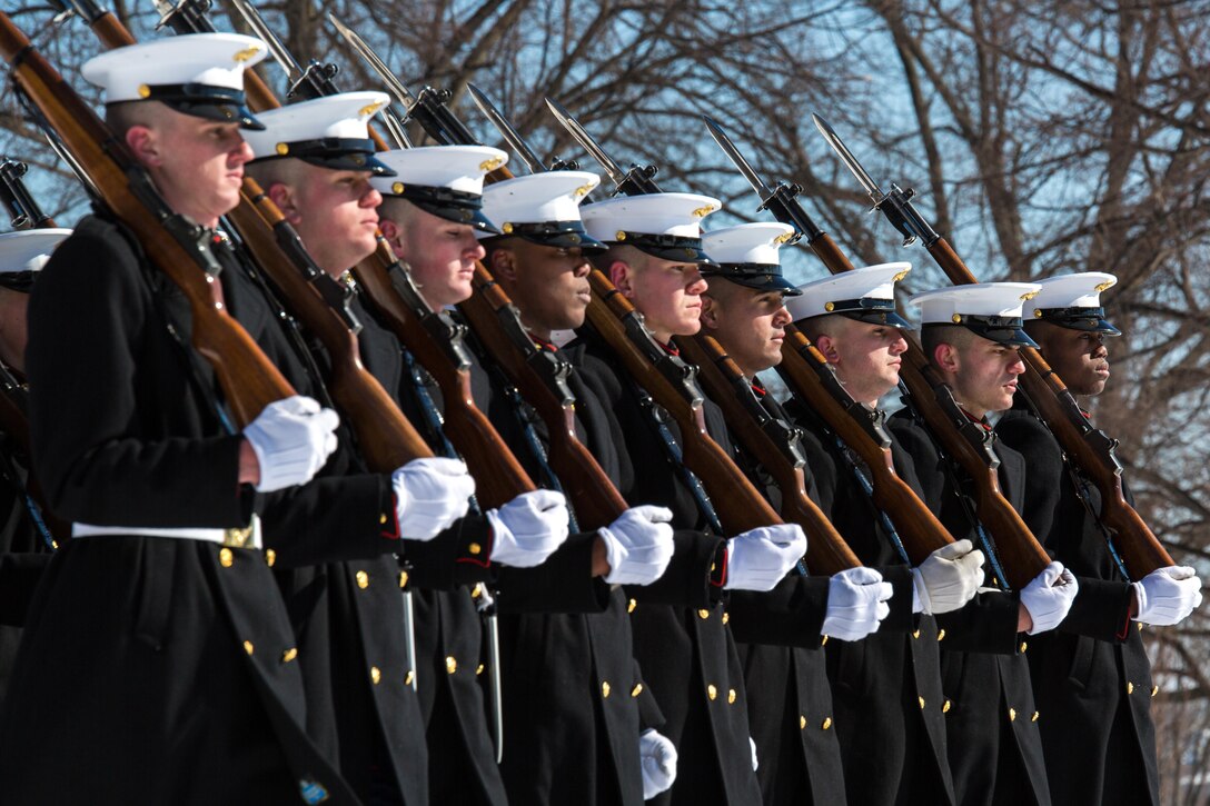 United States Marines from Marine Barracks, Washington, D.C., march in the Relief and Appointment Ceremony in honor of the outgoing Sergeant Major of the Marine Corps, Sgt. Maj. Micheal P. Barrett, and the incoming, Sgt. Maj. Ronald L. Green, at the Marine Corps War Memorial in Arlington, Va. on February 20, 2015. (U.S. Marine Corps photo by Lance Cpl. Christian J. Varney/Released)