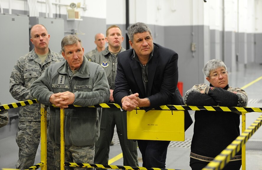 Members of the Nuclear Oversight Board listen as they are briefed about
equipment and procedures in the Weapons Storage Area on Minot Air Force
Base, N.D., Feb. 19, 2015. Air Force leadership were able to see first-hand
some of the aging equipment and infrastructure at Minot AFB that is in need
of upgrading. (U.S. Air Force photo/Senior Airman Kristoffer Kaubisch)