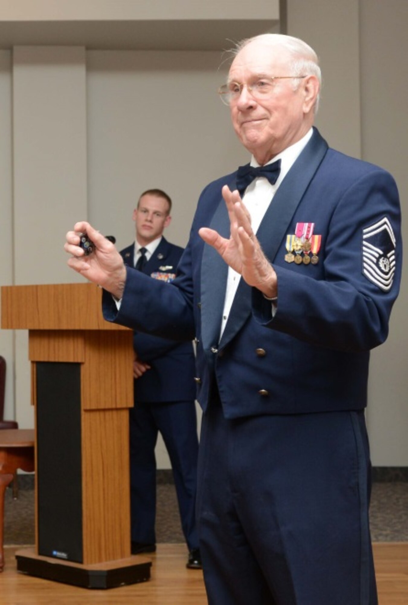 Retired Chief Master Sgt. of the Air Force Sam Parish speaks at an Airman Leadership School graduation Feb. 12, 2015, at Dyess Air Force Base, Texas. As the guest speaker, Parish talked about the importance of the roles the graduating future first-line supervisors will have as non-commissioned officers. (U.S. Air Force photo by Airman 1st Class Autumn Velez/Released) 

