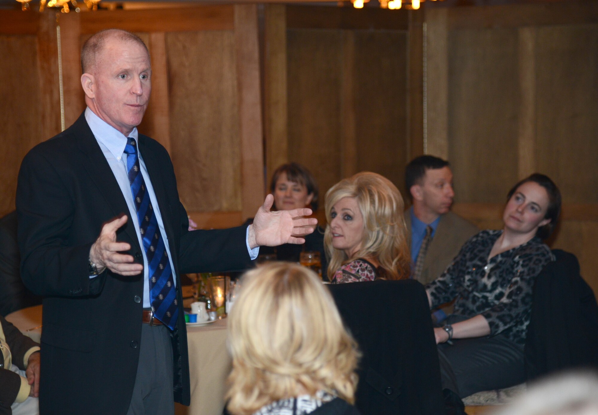 Lt. Gen. Stephen Wilson, Air Force Global Strike Command commander, speaks to a group of civic leaders and Team Malmstrom Leaders during a dinner Feb. 18 at the Meadowlark Country Club in Great Falls, Mont. Following the dinner, Wilson presented the Commanders Award for Public Service to Warren Wenz, a longtime member of the Air Force Global Strike Command Civic Leader Program. (U.S. Air Force photo/ Airman 1st Class Dillon Johnston)