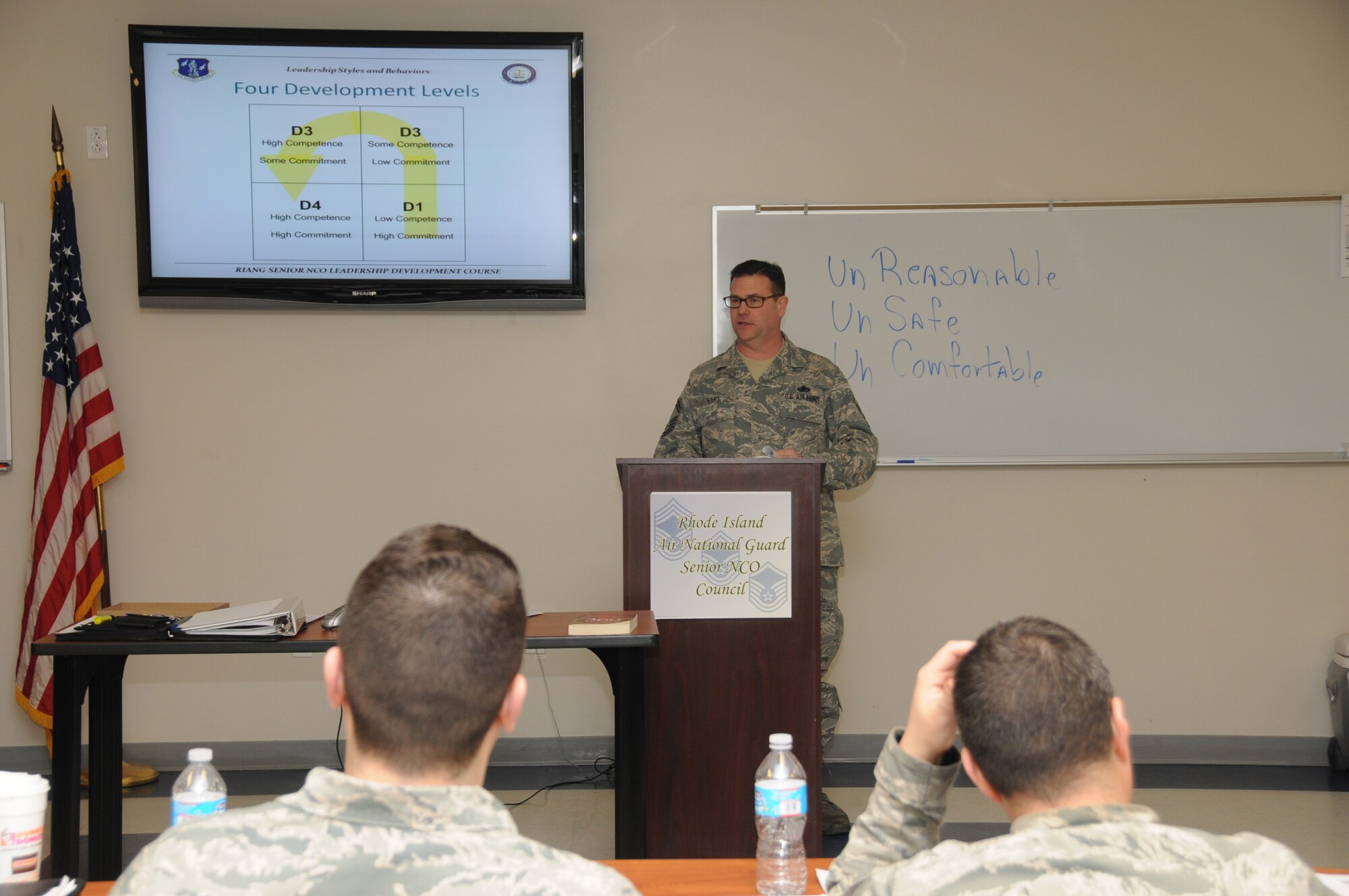 Senior Master Sergeant Joseph Hart, Human Resource Advisor and Satellite Professional Military Education Facilitator, 143d Airlift Wing, Rhode Island Air National Guard, addresses the attendees of the inaugural Leadership Development Course hosted by the RIANG Senior Non-Commissioned Officer Council at Quonset Air National Guard Base, North Kingstown, RI on January 21, 2015. National Guard Photo by Master Sgt Janeen Miller (RELEASED)