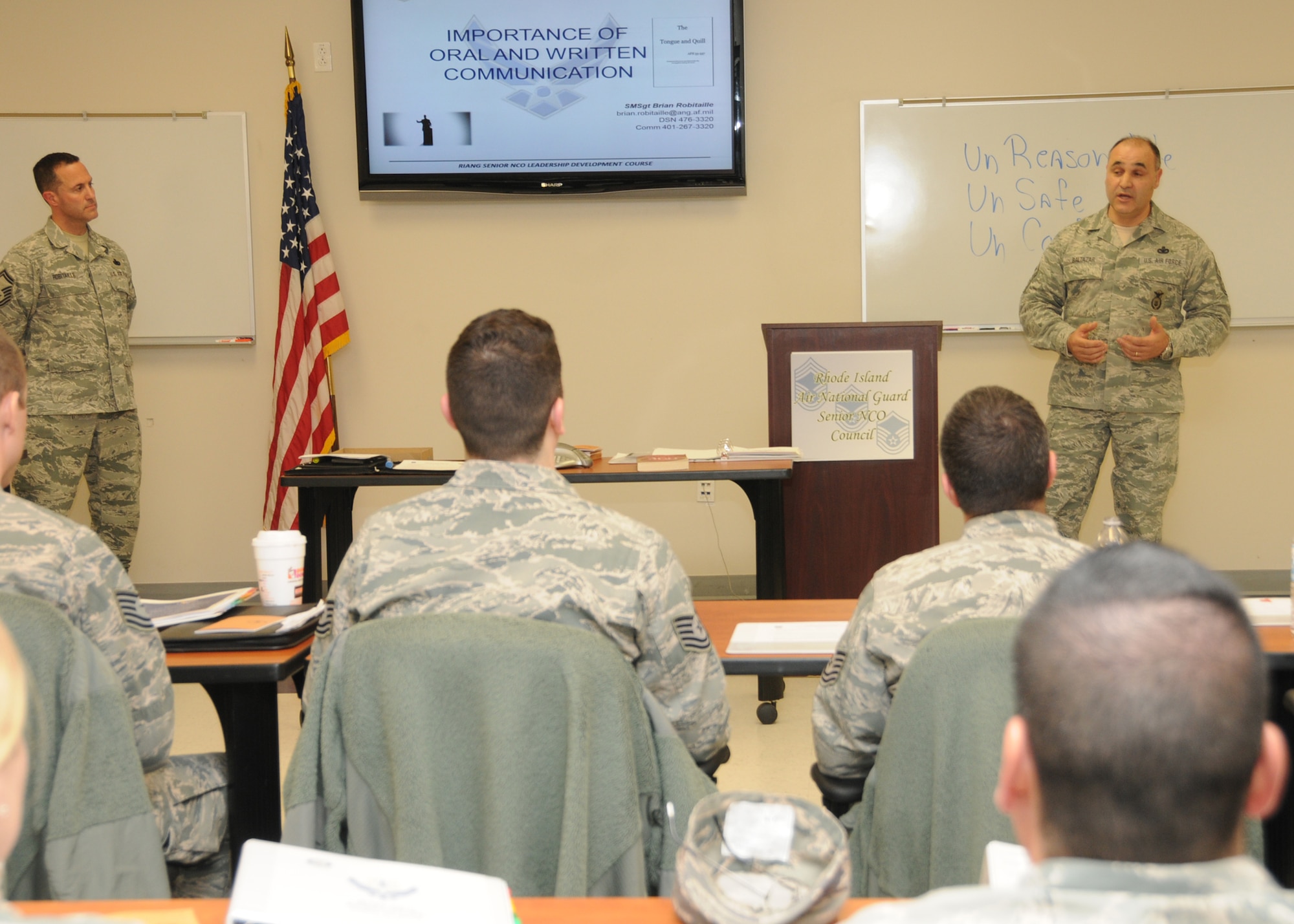 Chief Master Sergeant Jose Basltazar, Command Chief Master Sergeant, 143d Airlift Wing, Rhode Island Air National Guard, addresses the attendees of the inaugural Leadership Development Course hosted by the RIANG Senior Non-Commissioned Officer Council at Quonset Air National Guard Base, North Kingstown, RI on January 21, 2015. National Guard Photo by Master Sgt Janeen Miller (RELEASED)