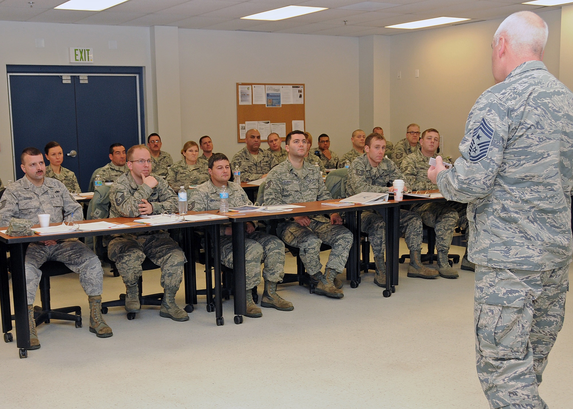 Chief Master Sergeant Michael Brady, State Command Chief, Rhode Island Air National Guard, addresses the attendees of the inaugural Leadership Development Course hosted by the RIANG Senior Non-Commissioned Officer Council at Quonset Air National Guard Base, North Kingstown, RI on January 21, 2015. National Guard Photo by Master Sgt Janeen Miller (RELEASED)