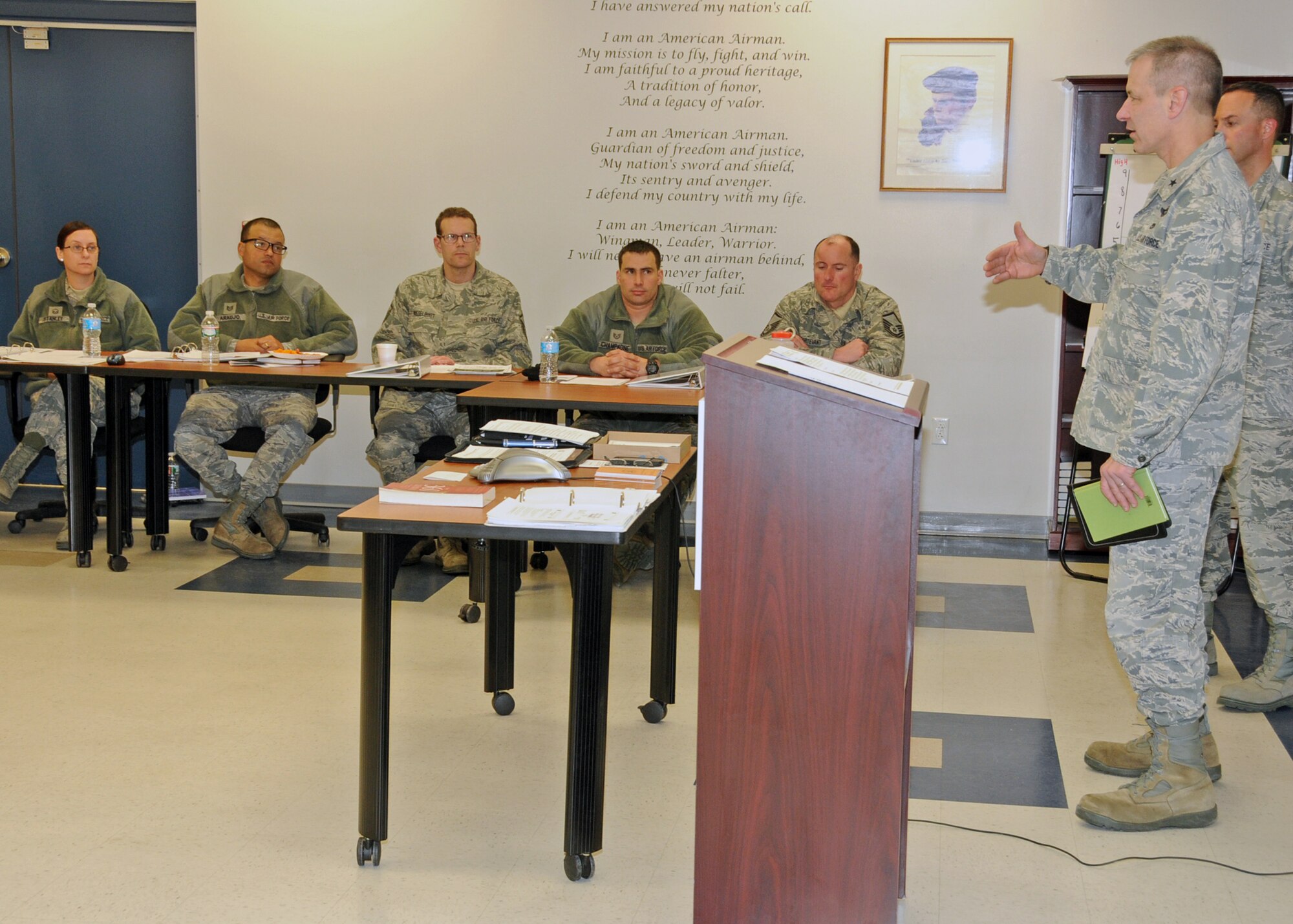 Brigadier General Mark Jannitto, Deputy Adjutant General, Rhode Island Air National Guard, addresses the attendees of the inaugural Leadership Development Course hosted by the RIANG Senior Non-Commissioned Officer Council at Quonset Air National Guard Base, North Kingstown, RI on January 21, 2015. National Guard Photo by Master Sgt Janeen Miller (RELEASED)