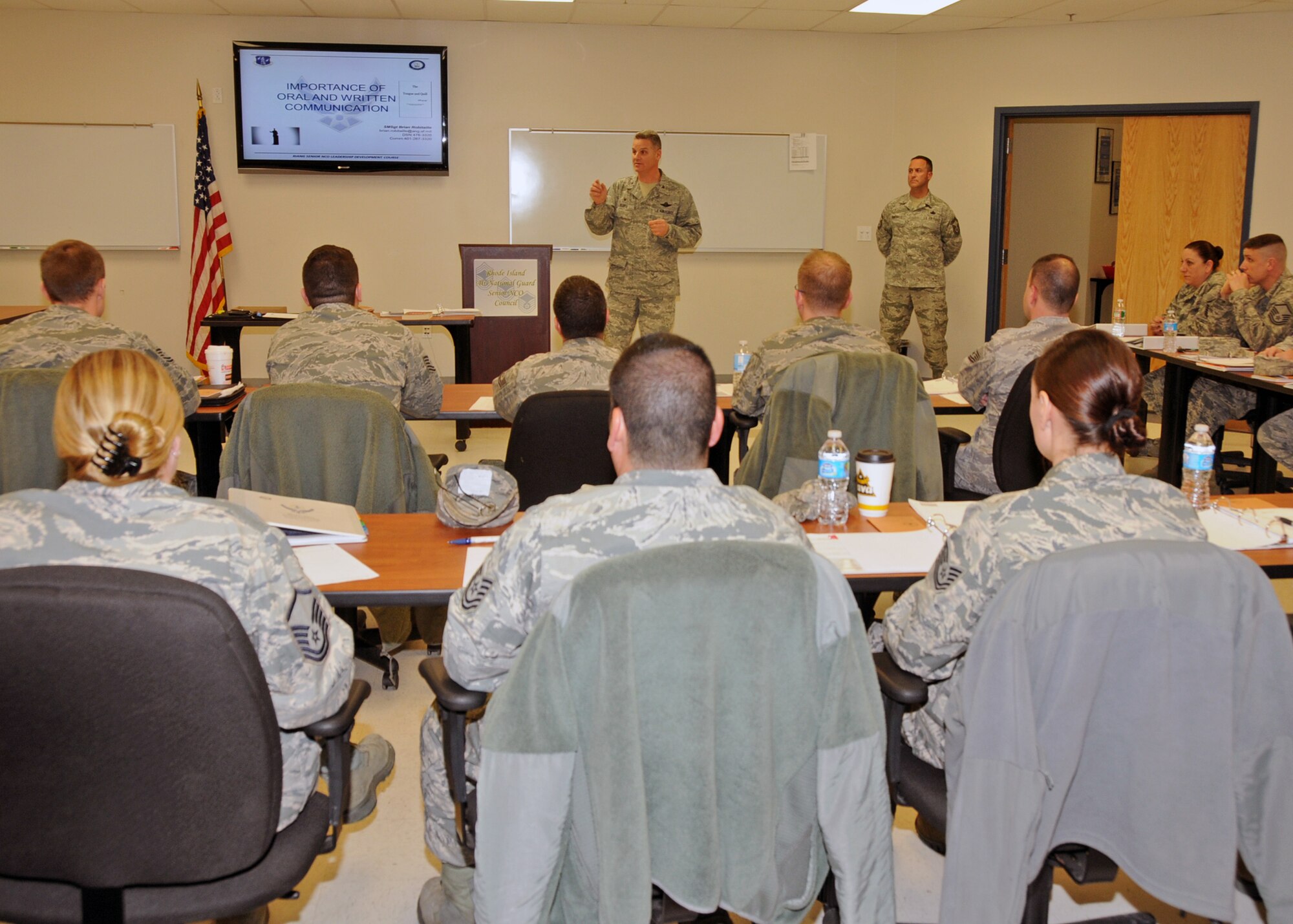 Colonel Arthur Floru, Commander, 143d Airlift Wing, Rhode Island Air National Guard, addresses the attendees of the inaugural Leadership Development Course hosted by the RIANG Senior Non-Commissioned Officer Council at Quonset Air National Guard Base, North Kingstown, RI on January 21, 2015. National Guard Photo by Master Sgt Janeen Miller (RELEASED)