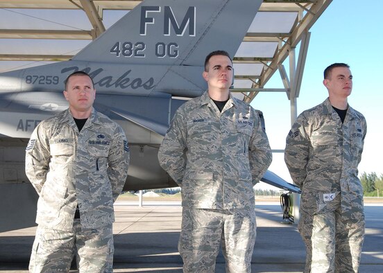 HOMESTEAD AIR RESERVE BASE, Fla. - Tech. Sgt. Michael Young, Tech. Sgt. Bryan Wicker, and Senior Airman Jonathan Thursted, weapons load crew members from the 419th Fighter Wing, Hill Air Force Base, Utah pose for a group photo before winning the 10th Air Force Load Competition Championship at Homestead Air Reserve Base, Fla., Feb. 19. The competition is graded based on an overall score in four different areas: dress and personal appearance, consolidated tool kit inspection, general knowledge test, and a competitive munitions load. (U.S. Air Force photo by Staff Sgt. Jeremy Roman)