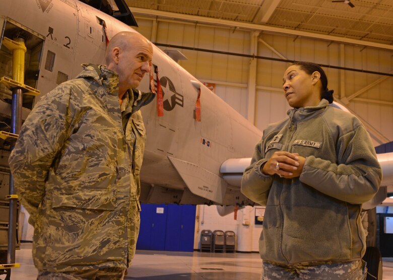 Maj. Gen. Linda Singh (MD), adjutant general for Maryland, speaks with Col. Edward Jones, 175th Maintenance Group commander, Maryland Air National Guard, Baltimore, Md., on February 20, 2015. Singh was visiting the base for the first time since being appointed as the adjutant general for Maryland. (Air National Guard photo by Tech. Sgt. Christopher Schepers/RELEASED)