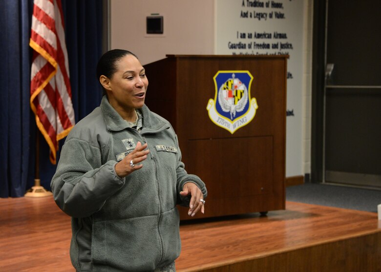 Maj. Gen. Linda Singh (MD), adjutant general for Maryland, addresses airmen from the 175th Wing, Maryland Air National Guard, Baltimore, Md., on February 20, 2015. Singh was visiting the base for the first time since being appointed as the adjutant general for Maryland. (Air National Guard photo by Tech. Sgt. Christopher Schepers/RELEASED)