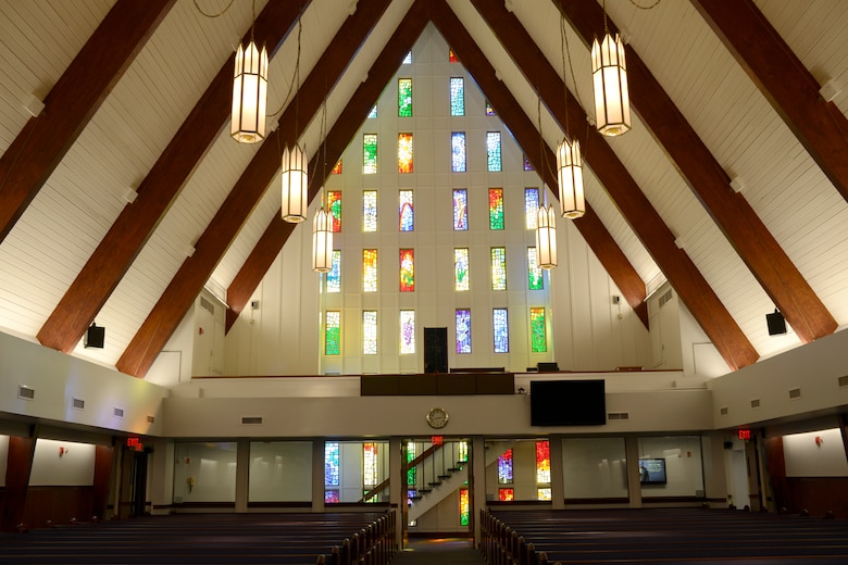 Recent Base Chapel renovations included new energy-efficient lighting, refurbished pews and a new sound system..(U.S. Air Force photo by Ed Aspera)
