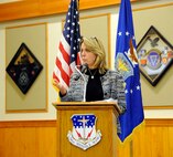 Secretary of the Air Force Deborah Lee James addresses Airmen of Malmstrom Air Force Base during an all call Feb. 19 at the Grizzly Bend. James discussed how Air Force leadership is committed to making holistic changes in the nuclear enterprise. (U.S. Air Force photo/ Staff Sgt. Delia Marchick)