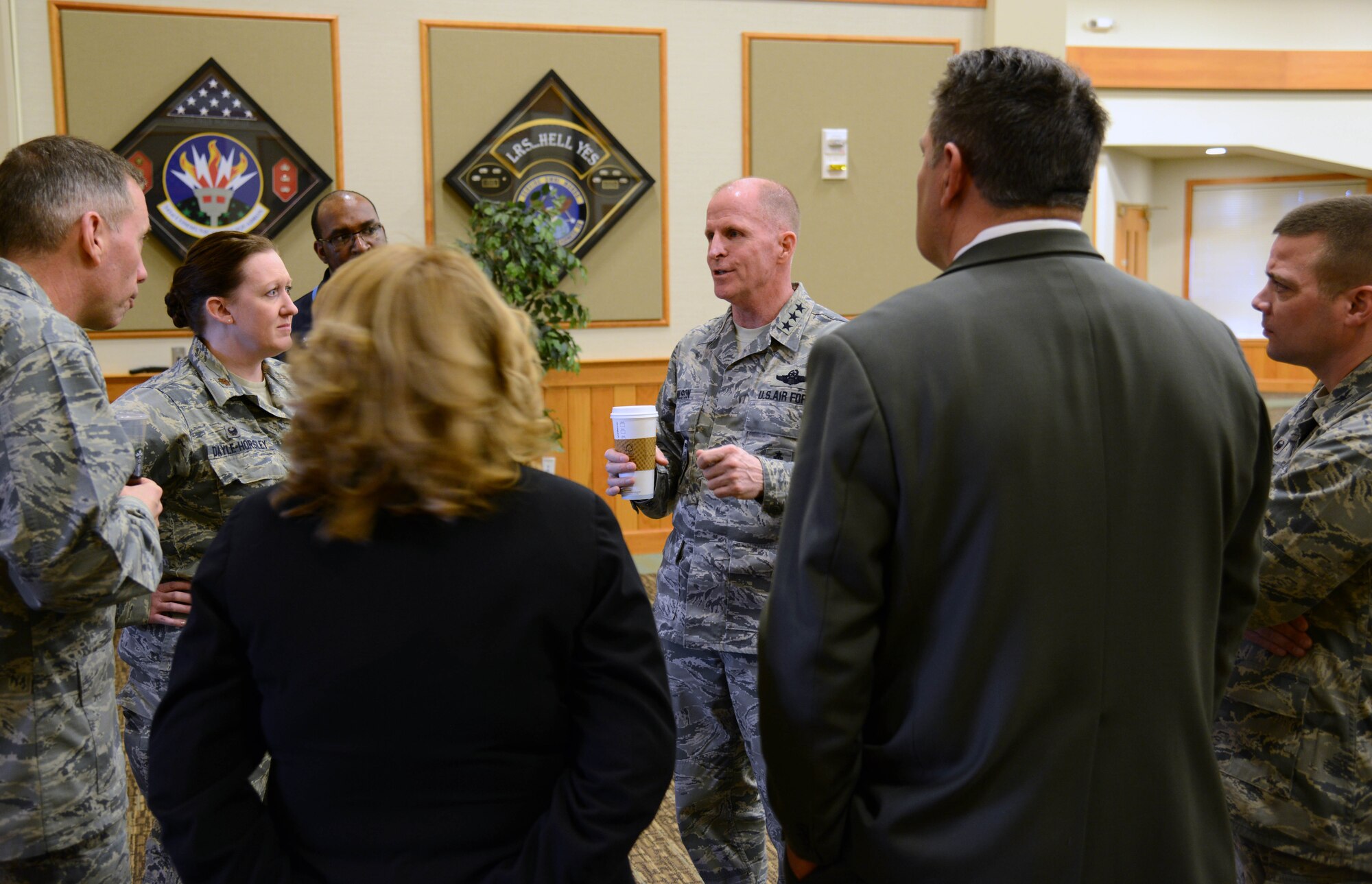 Lt. Gen. Stephen Wilson, center, Air Force Global Strike Command commander, speaks with Team Malmstrom members Feb. 19 at Malmstrom Air Force Base, Mont. Wilson visited Malmstrom Air Force Base, Mont., to discuss its mission and to connect with the Airmen stationed there. (U.S. Air Force photo/Airman 1st Class Dillon Johnston)