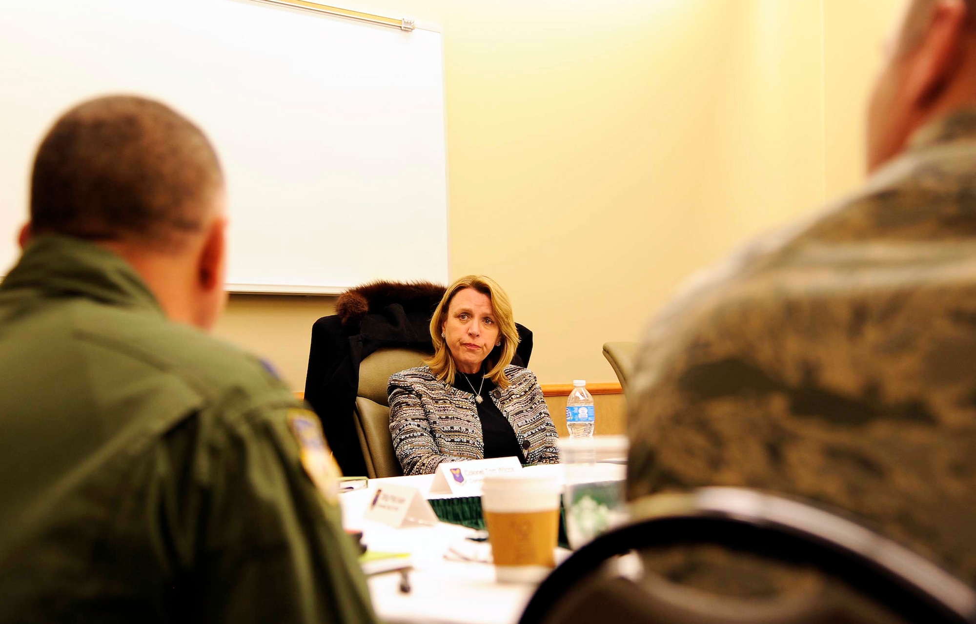 Secretary of the Air Force Deborah Lee James, center, sits down with Malmstrom Air Force Base Wing leadership during a meeting at the Grizzly Bend Feb. 19. During the discussion James asked them for their feedback on Air Force Global Strike Command’s Force Improvement Program. (U.S. Air Force photo/Staff Sgt. Delia Marchick)