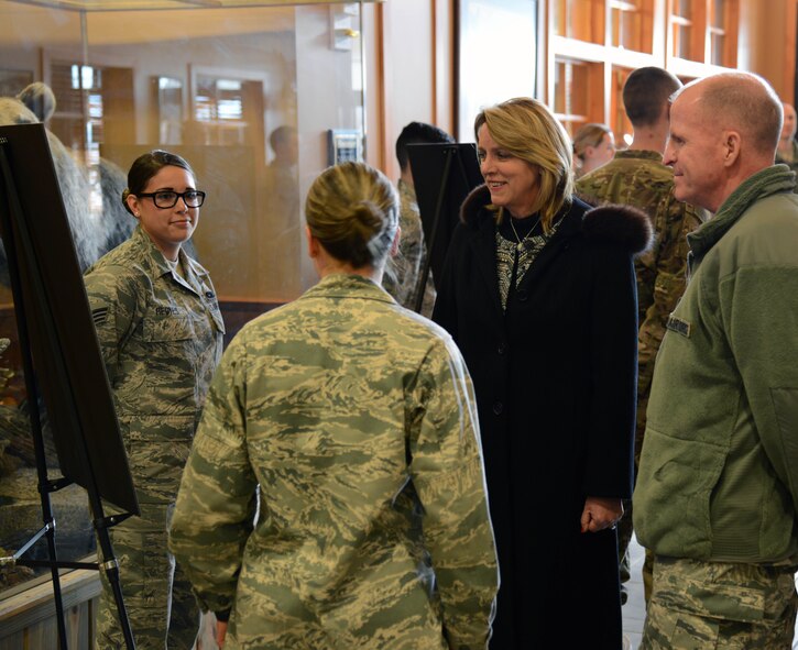 Secretary of the Air Force Deborah Lee James discusses Force Improvement Program successes from the past year with Airmen Feb. 19 at Malmstrom Air Force Base, Mont. James visited Malmstrom to discuss its mission and to connect with the Airmen stationed there. (U.S. Air Force photo/Airman 1st Class Dillon Johnston) 