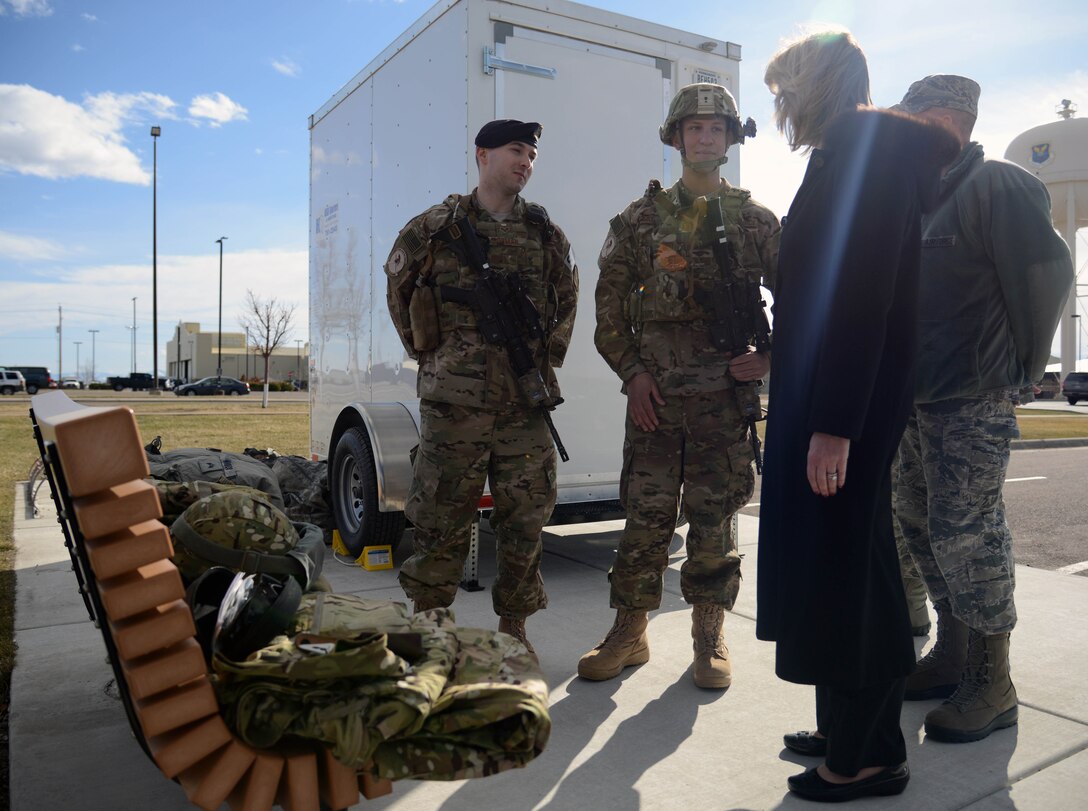 Secretary of the Air Force Deborah Lee James, right, speaks with Team Malmstrom Airmen Feb. 19 at Malmstrom Air Force Base, Mont. The Airmen showcased some of the new equipment they received as part of the Force Improvement Program. (U.S. Air Force photo/Airman 1st Class Dillon Johnston)