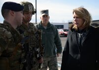 Secretary of the Air Force Deborah Lee James, right, speaks with Team Malmstrom Airmen Feb. 19 at Malmstrom Air Force Base, Mont. James visited Malmstrom to discuss its mission and to connect with the Airmen stationed there. (U.S. Air Force photo/Airman 1st Class Dillon Johnston)