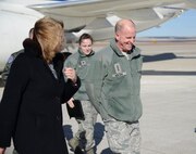 Secretary of the Air Force Deborah Lee James, left, speaks with Lt. Gen. Stephen Wilson, Air Force Global Strike Command commander, Feb. 19 in Great Falls, Mont. Both James and Wilson visited Malmstrom Air Force Base, Mont., to discuss its mission and to connect with the Airmen stationed there. (U.S. Air Force photo/Airman 1st Class Dillon Johnston)