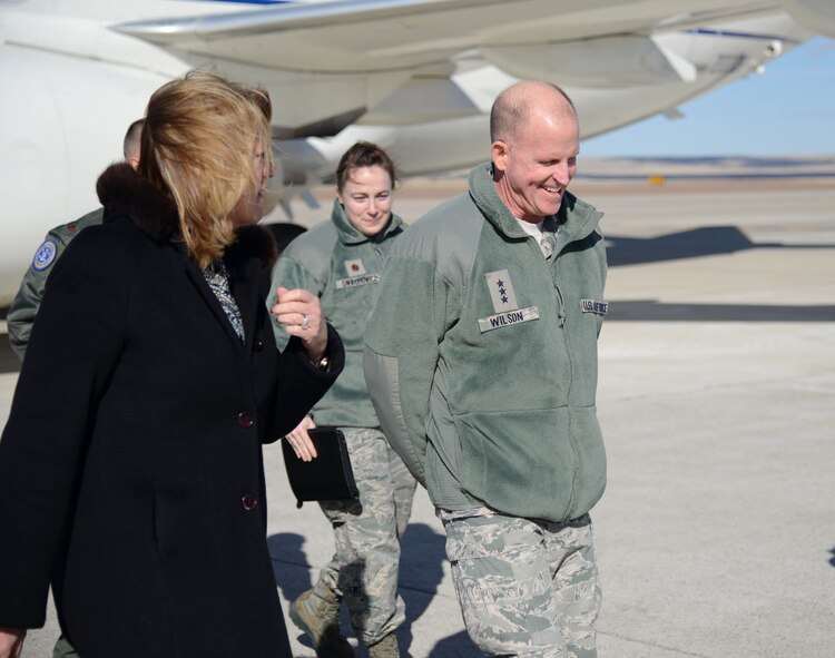 Secretary of the Air Force Deborah Lee James, left, speaks with Lt. Gen. Stephen Wilson, Air Force Global Strike Command commander, Feb. 19 in Great Falls, Mont. Both James and Wilson visited Malmstrom Air Force Base, Mont., to discuss its mission and to connect with the Airmen stationed there. (U.S. Air Force photo/Airman 1st Class Dillon Johnston)