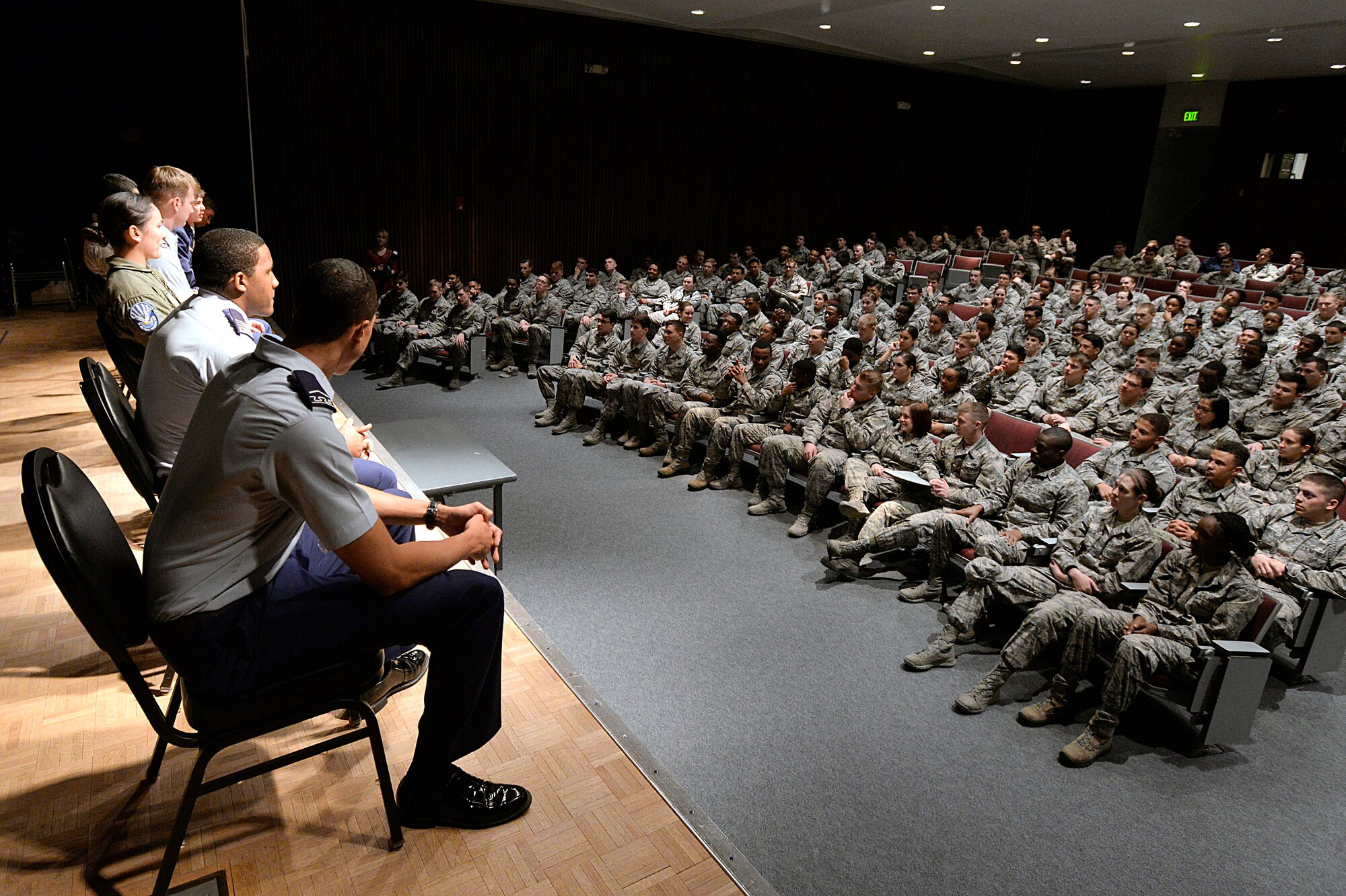 Seven former U.S. Air Force Academy Preparatory School cadet candidates, now cadets, speak to cadet candidates on character, integrity and Academy life Feb. 18, 2015, at the Academy Community Center Theater. (U.S. Air Force photo/Mike Kaplan)