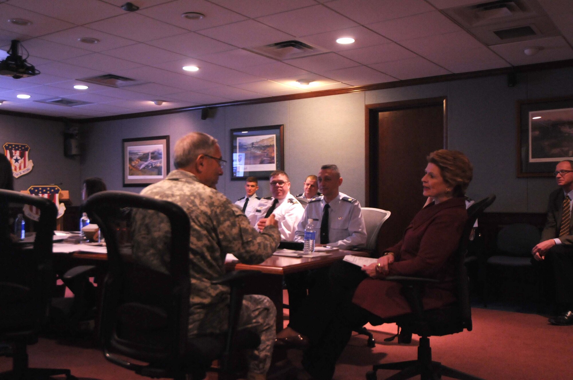 Senator Debbie Stabenow meets the troops during Presidents Day weekend, Monday, February 16, 2015, at the 110th Attack Wing, Battle Creek Air National Guard Base Mich. She received briefings from Maj. Gen. Gregory Vadnais, Adjutant General of Michigan, Col. Ronald Wilson, 110th Attack Wing Commander, and Lt. Col. Mark Gorzynski, Ft. Custer Training Center Post Commander.(U.S. Air National Guard photo by Master Sgt. Sonia Pawloski/Released)
