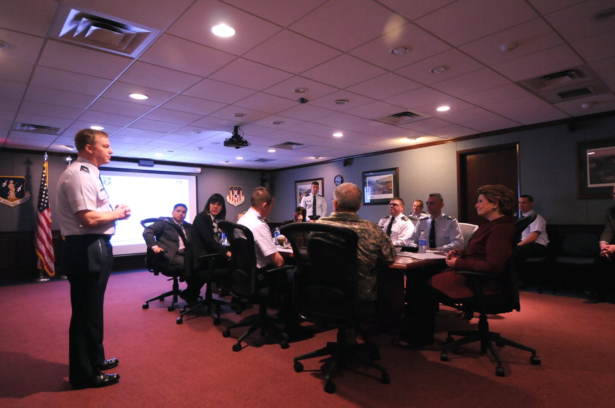 Senator Debbie Stabenow meets the troops during Presidents Day weekend, Monday, February 16, 2015, at the 110th Attack Wing, Battle Creek Air National Guard Base Mich. She received briefings from Maj. Gen. Gregory Vadnais, Adjutant General of Michigan, Col. Ronald Wilson, 110th Attack Wing Commander, and Lt. Col. Mark Gorzynski, Ft. Custer Training Center Post Commander.(U.S. Air National Guard photo by Master Sgt. Sonia Pawloski/Released)
