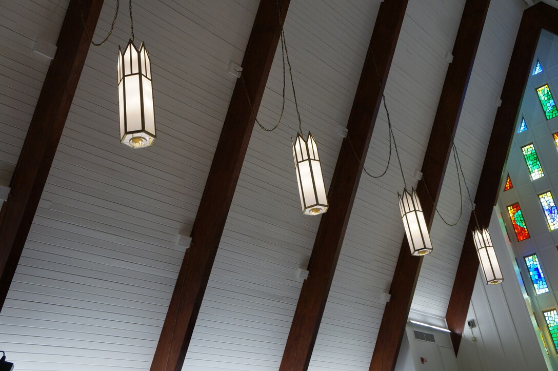 Recent Base Chapel renovations included new energy-efficient lighting, refurbished pews and a new sound system..(U.S. Air Force photo by Ed Aspera)