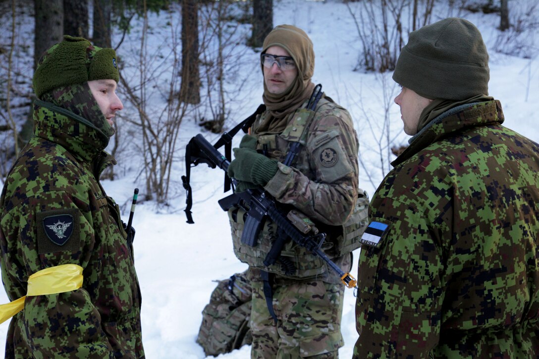U.S. and Estonian soldiers discuss the next mission during a training exercise at the Tapa training grounds in Estonia, Feb. 11, 2015. The U.S. soldiers are assigned to the 3rd Squadron,  2nd Cavalry Regiment.