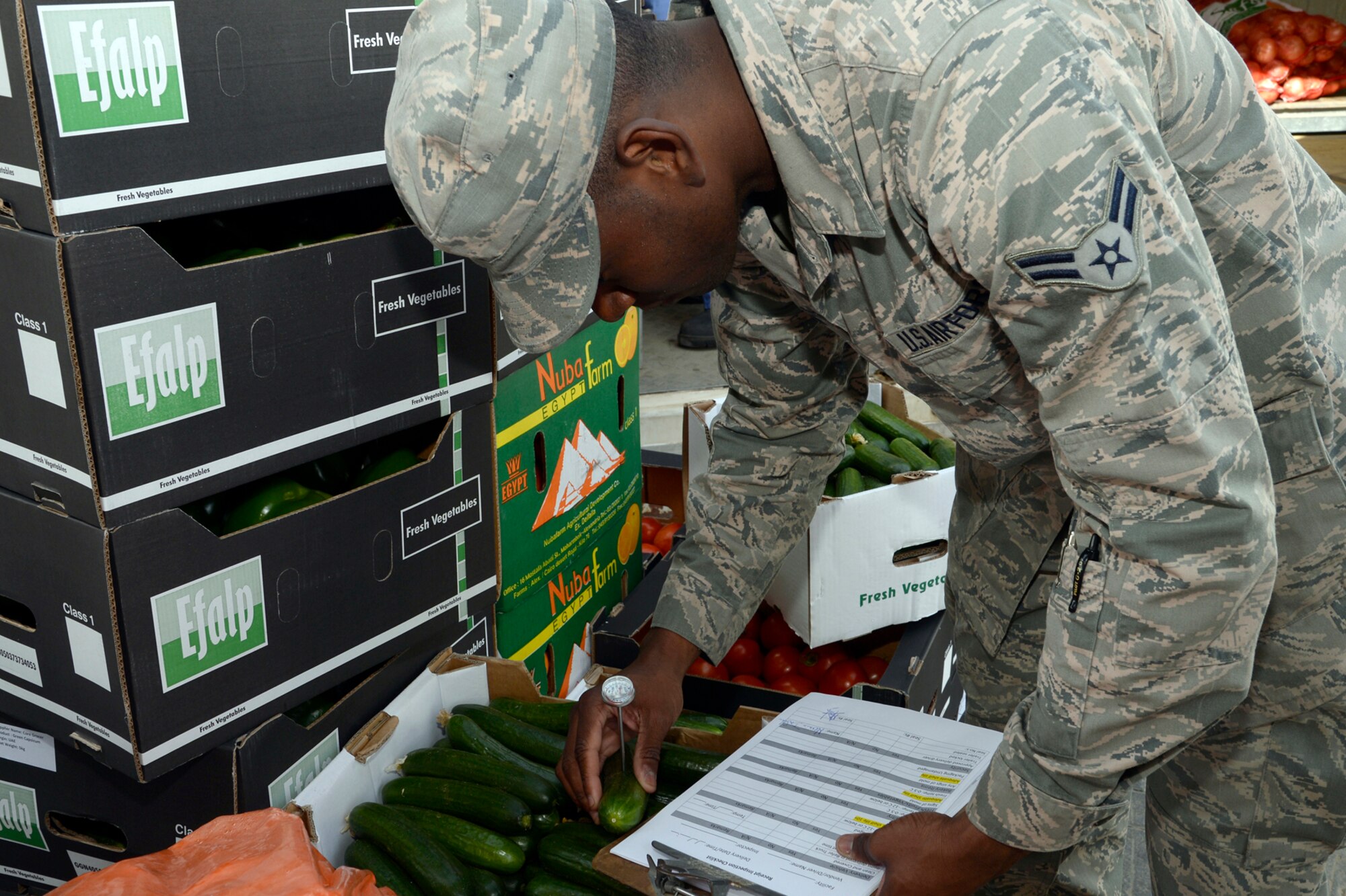 Airman 1st Class Nicolas, Oasis water distribution manager, inspects the temperature of the produce prior to putting it in the storeroom at an undisclosed location in Southwest Asia Feb. 17, 2015. The storeroom is the food distribution center for all three the dining facilities on base. Nicolas is currently deployed from Mountain Home Air Force Base, Idaho and is a native of Huber Heights, Ohio. (U.S. Air Force photo/Tech. Sgt. Marie Brown)